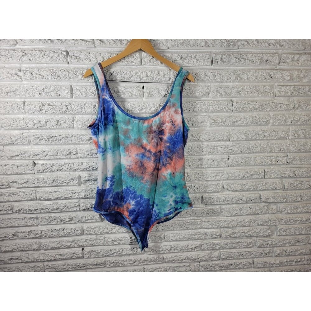 Fashion Nova Bodysuit 2X Plus Sleeveless Wide Strap Blue Tie Dye TIE13E